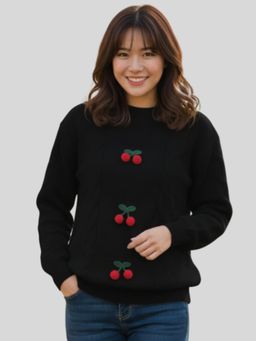LASOON - Black Cherry Applique Cable Knit Wool Pullover Sweater