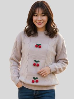 LASOON - Grey Cherry Applique Cable Knit Wool Pullover Sweater