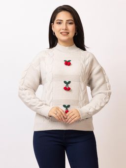 LASOON - Peach Cherry Applique Cable Knit Wool Pullover Sweater