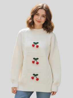 LASOON - Off White Cherry Applique Cable Knit Wool Pullover Sweater