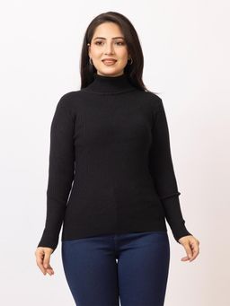 LASOON - Black Solid High Neck Blanded Yarn Skivi Sweater