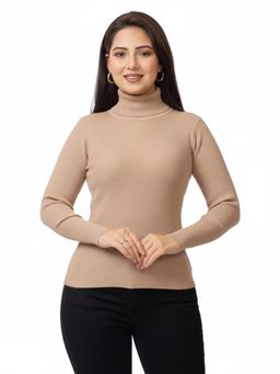 LASOON - Beige Solid High Neck Blanded Yarn Skivi Sweater