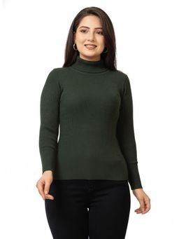 LASOON - Dark Green Solid High Neck Blanded Yarn Skivi Sweater