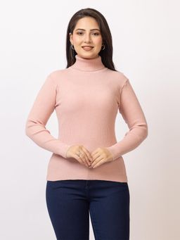 LASOON - Light Peach Solid High Neck Blanded Yarn Skivi Sweater