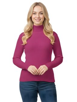 LASOON - Magenta Solid High Neck Blanded Yarn Skivi Sweater