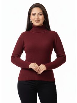 LASOON - Maroon Solid High Neck Blanded Yarn Skivi Sweater