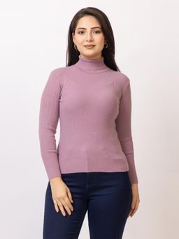 LASOON - Mauve Solid High Neck Blanded Yarn Skivi Sweater