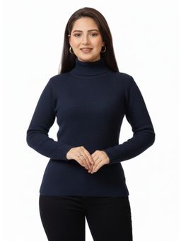 LASOON - Navy Blue Solid High Neck Blanded Yarn Skivi Sweater