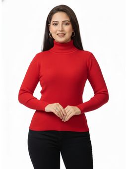LASOON - Red Solid High Neck Blanded Yarn Skivi Sweater
