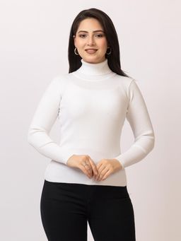 LASOON - White Solid High Neck Blanded Yarn Skivi Sweater