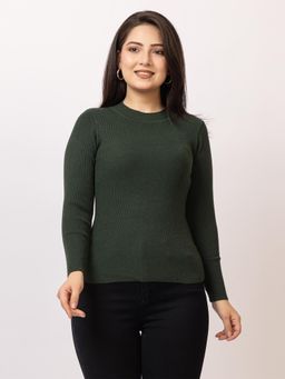 LASOON - Dark Green Solid Blanded Yarn Skivi Sweater