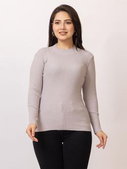 LASOON - Light Grey Solid Blanded Yarn Skivi Sweater