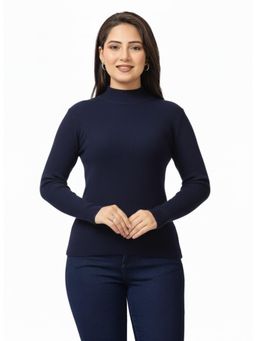 LASOON - Navy Blue Solid Blanded Yarn Skivi Sweater