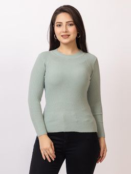 LASOON - Pista Green Solid Blanded Yarn Skivi Sweater