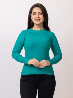 LASOON - Teal Solid Blanded Yarn Skivi Sweater
