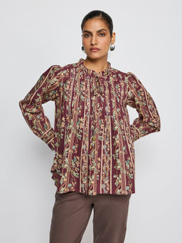 Label Ritu Kumar - Brown Stripe Floral Short Top