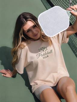PRONK - Beige Pickleball Club Printed Oversized Printed T-Shirt
