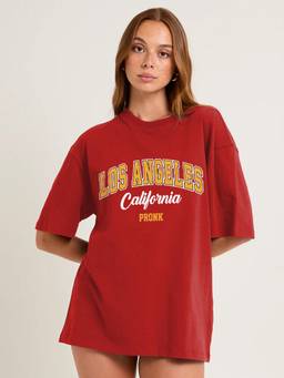 PRONK - Red Los Angeles Printed Oversized T-Shirt