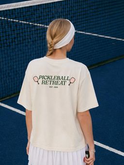 PRONK - Off White Pickleball Retreat Printed Oversized T-Shirt