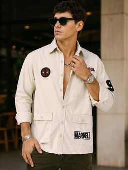 Bewakoof - Official Marvel Men's Beige Deadpool Batch Printed Oversized Cargo Shirt