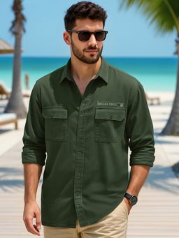 Bewakoof - Men's Dark Green Mission Force Batch Printed Oversized Cargo Shirt