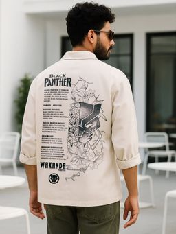 Bewakoof - Official Marvel Men's Beige Black Panther Graphic Printed Oversized Shirt