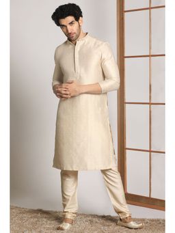 Manyavar - Art Silk Off White Self Design Mandarin Collar Kurta with Pencil Pajama (Set of 2)