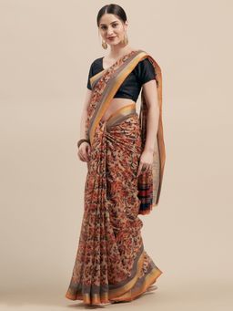 Vaamsi - Women's Linen Blend Festive Beige Floral Printed Woven Saree with Unstitched Blouse