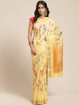 Vaamsi - Yellow Color Floral Cotton Blend Style Women's Saree with Unstitched Blouse