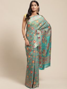 Vaamsi - Green Color Floral Cotton Blend Style Women's Saree with Unstitched Blouse