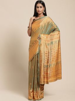 Vaamsi - Gold Color Blended Fabric Self Design Style Women's Saree with Unstitched Blouse