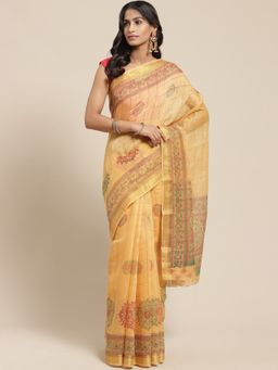 Vaamsi - Beige Color Printed Cotton Blend Style Women's Saree with Unstitched Blouse
