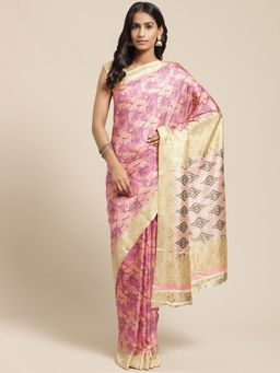 Vaamsi - Pink::Beige Color Abstract Print Art Silk Style Women's Saree with Unstitched Blouse