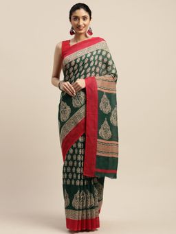 Vaamsi - Dark Green Color Printed Art Silk Style Women's Saree with Unstitched Blouse