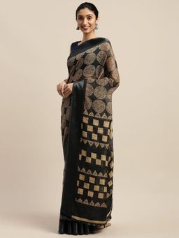 Vaamsi - Black Color Geometric Print Art Silk Style Women's Saree with Unstitched Blouse