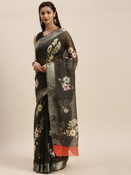 Vaamsi - Grey Color Floral Art Silk Style Women's Saree with Unstitched Blouse