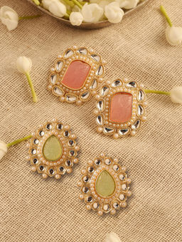 Azai by Nykaa Fashion - Combo of One Square Shaped Pink Stone Studs and One Drop Green Stone Studs