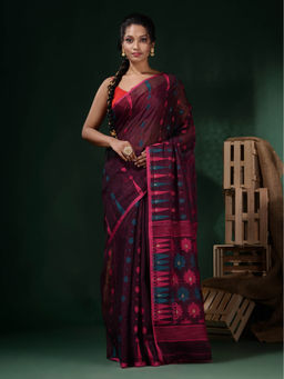 CHARUKRITI - Wine Cotton Handwoven Jamdani Saree with Texture Designs