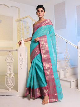 CHARUKRITI - Turquoise Blue Handwoven Cotton Tant Saree