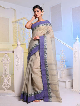 CHARUKRITI - Ecru Handwoven Cotton Tant Saree