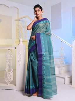 CHARUKRITI - Teal Handwoven Cotton Tant Saree