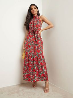 Styli - Red Floral Printed Halter Neck A-line Maxi Dress With Tie Waist