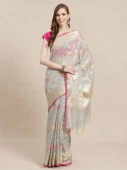 Banarasi Silk Works - Masrise Cotton Woven Saree Grey with Unstitched Blouse