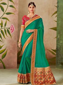 Odette - Green Dual Tone Silk Designer Saree with Unstitched Blouse