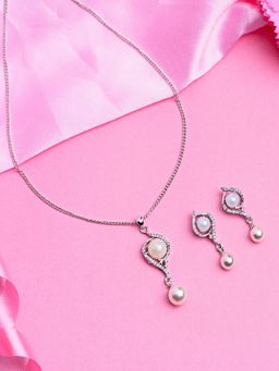 Estele - Rhodium Plated CZ Sparkling Pendant Necklace with Pearl for Women (Set of 2)