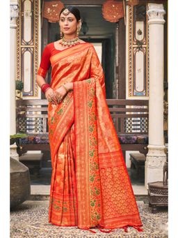 Sangam Prints - Orange Silk Woven Zari Work Traditional Tassel Saree with Unstitched Blouse