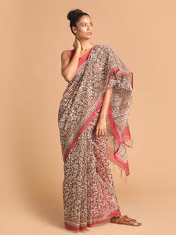 Indethnic - Brown Floral Super Net Saree with Unstitched Blouse