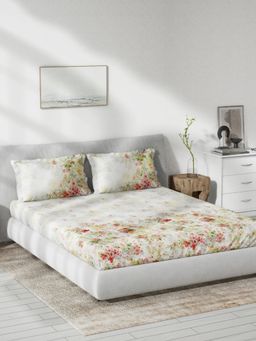 Ddecor Live Beautiful - Floral Queen 144 TC Bedsheet With 2 Pillow Covers - Red