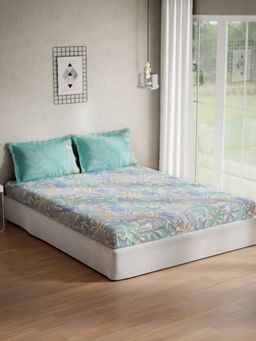 Ddecor Live Beautiful - Leaves Queen 144 TC Bedsheet With 2 Pillow Covers - Blue