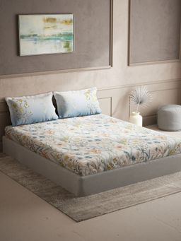 Ddecor Live Beautiful - Floral Queen 144 TC Bedsheet With 2 Pillow Covers - Blue